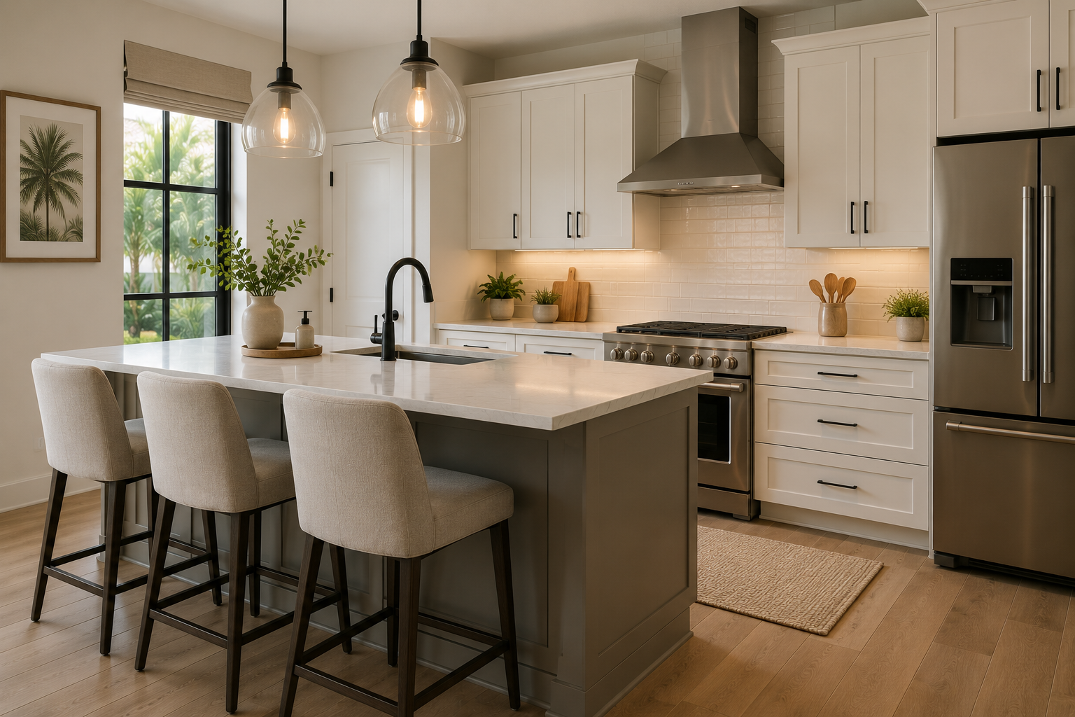 Modern kitchen with white cabinets, stainless steel appliances, a large island with beige chairs, and decorative plants, illuminated by pendant lights and natural light from a window.