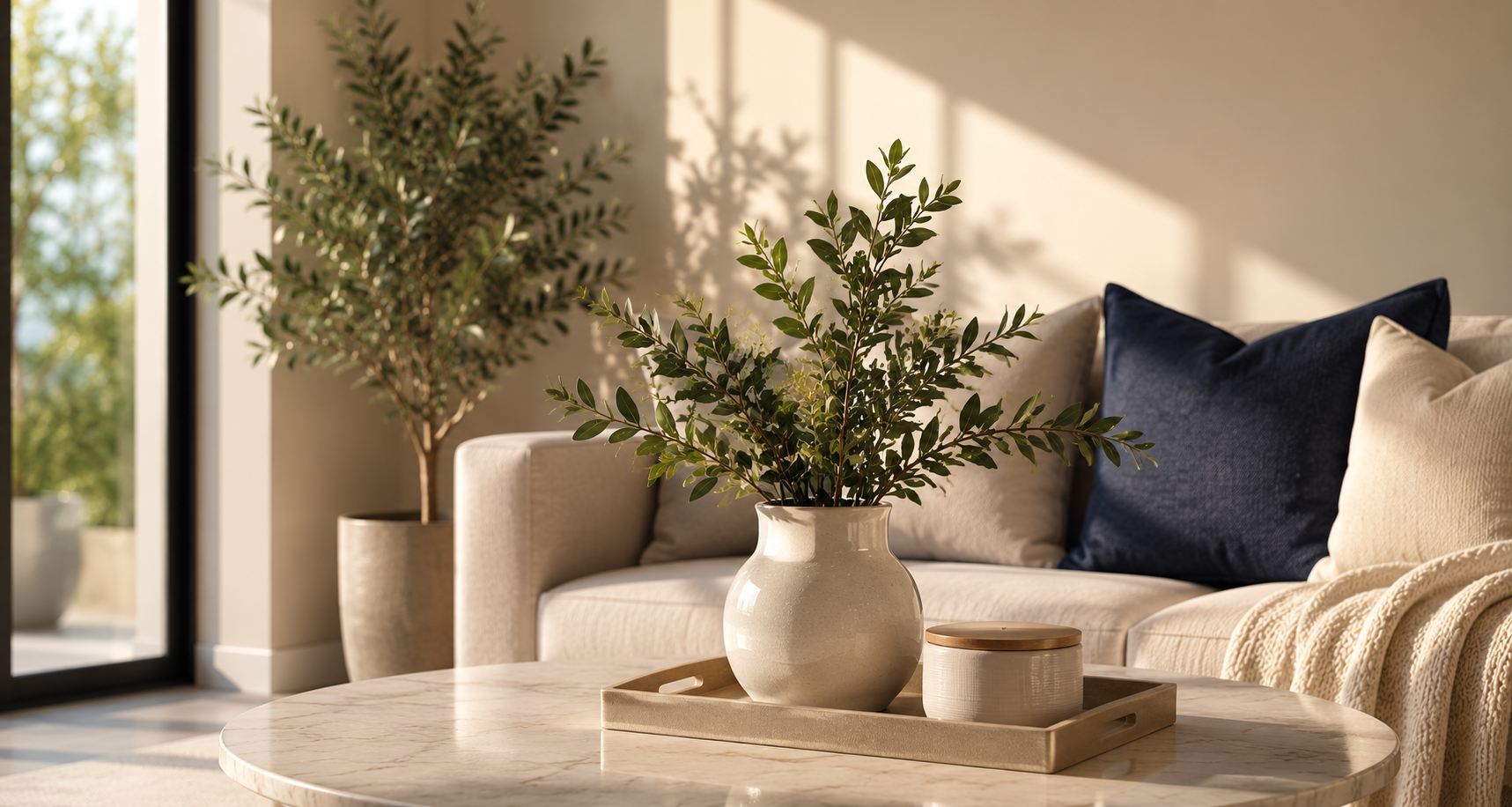 Living room with a beige sofa, dark blue and beige pillows, a potted plant in a white vase, a tray, and a decorative container on a marble coffee table. Sunlight streams through a large window.
