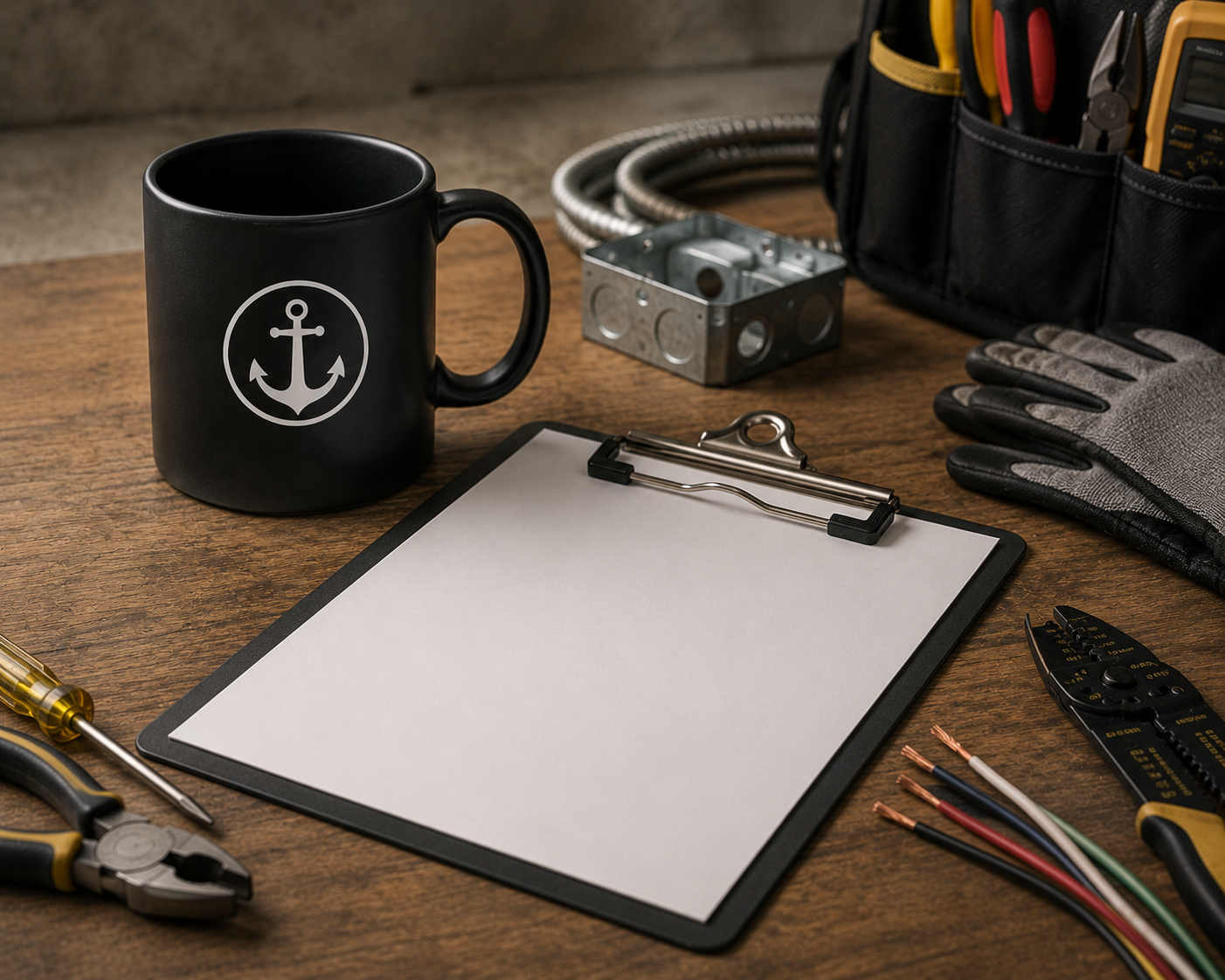 Workshop tools including a black coffee mug with an anchor logo, a clipboard with papers, electrical wires, pliers, screwdriver, gloves, and a tool pouch on a wooden workbench.
