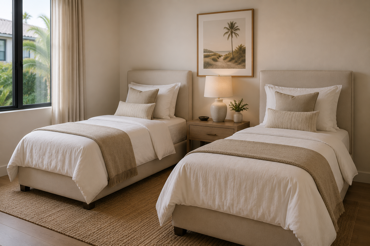 Bedroom with two twin beds, beige headboards, white bedding, beige throw blankets, decorative pillows, wooden nightstand with a lamp, small plant, and a framed picture of a palm tree on the wall, next to a window with beige curtains and greenery outside.