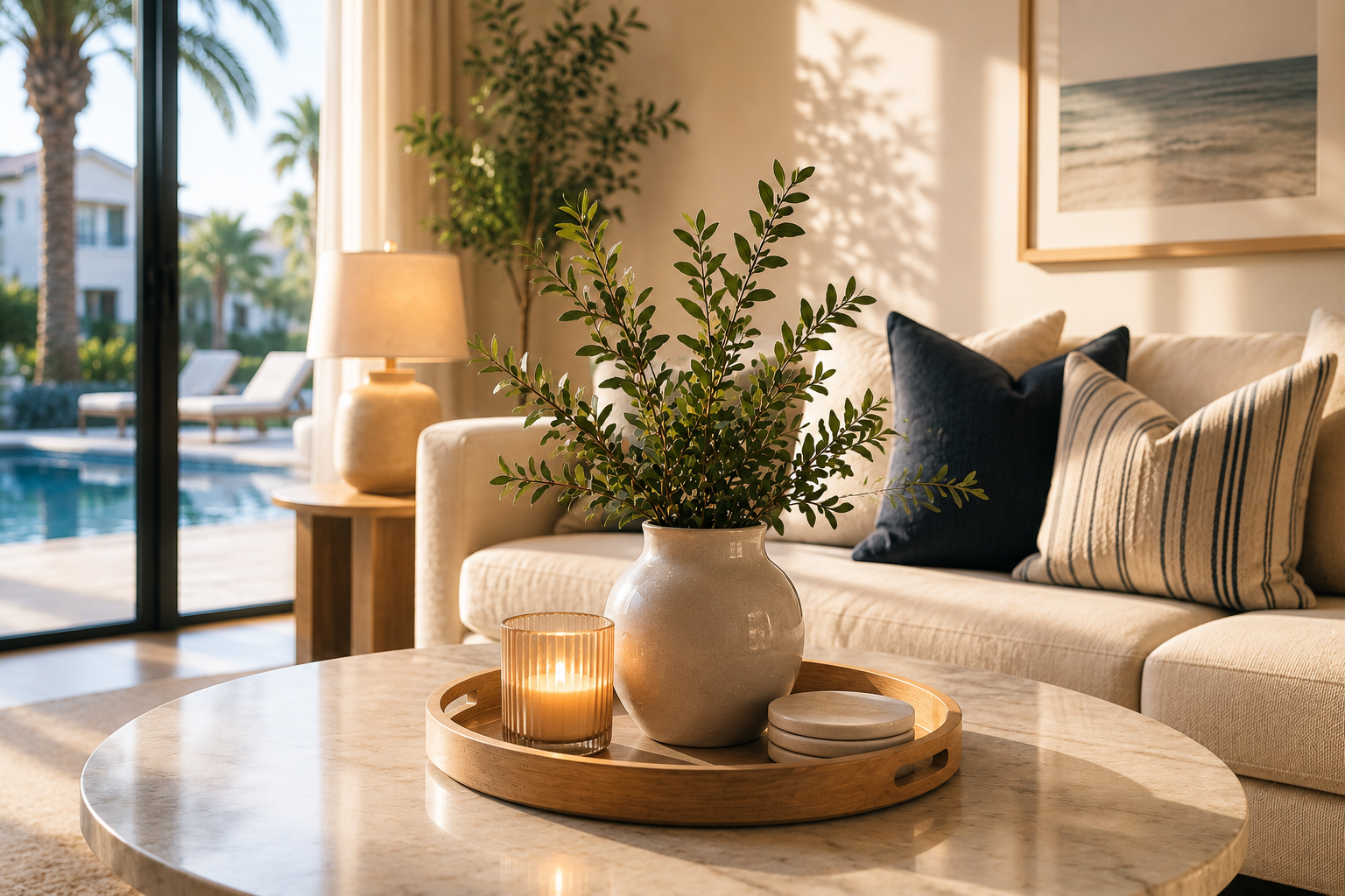 A living room with a beige couch decorated with navy and striped pillows, a wooden coffee table with a potted plant, candle, and coasters, and a view of a pool and palm trees outside a sliding glass door.