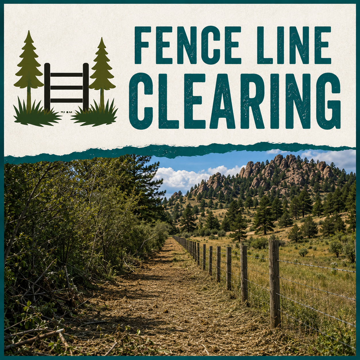 Sign indicating fence line clearing with a trail leading into a forested area and rolling hills in the background.