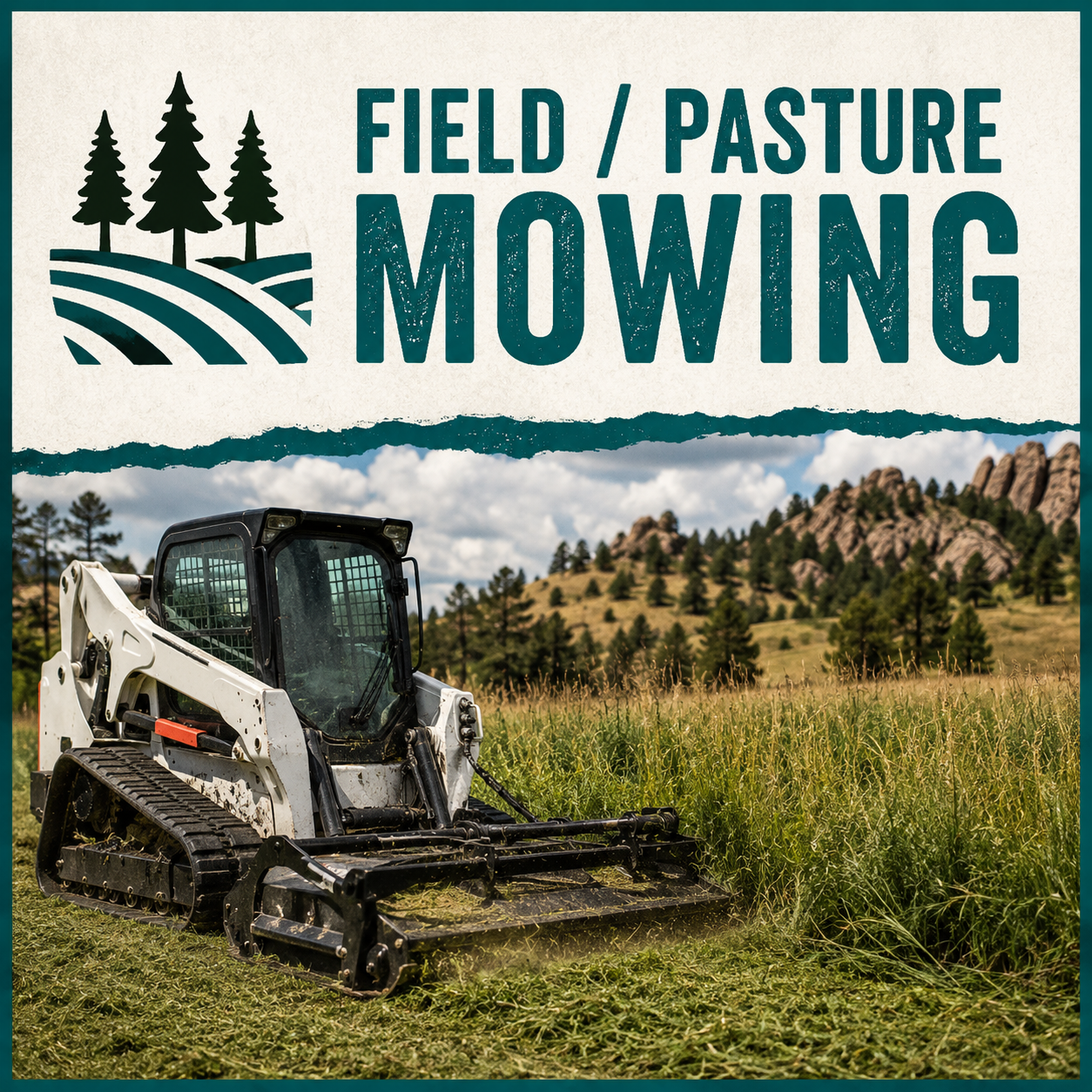 A skid-steer loader operating in a grassy field with mountains and trees in the background, promoting field and pasture mowing.