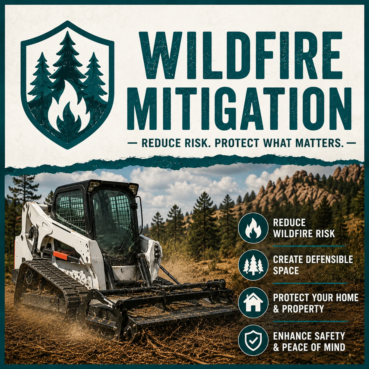 A poster about wildfire mitigation showing a skid steer vehicle clearing land with mountains and trees in the background. The poster includes icons and text promoting wildfire risk reduction, creating defensible space, protecting property, and enhancing safety and peace of mind.