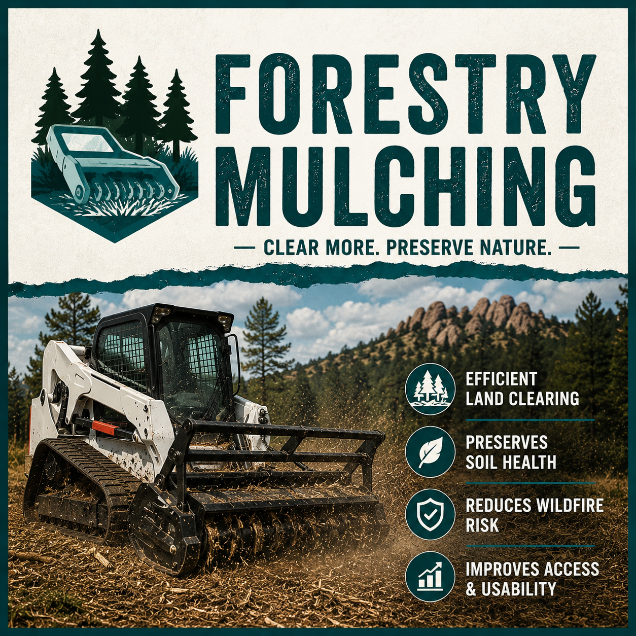 A promotional poster for forestry mulching showing a ground-level view of a machinery clearing land with trees and mountains in the background. The poster highlights benefits like efficient land clearing, soil health preservation, wildfire risk reduction, and improved access and usability.