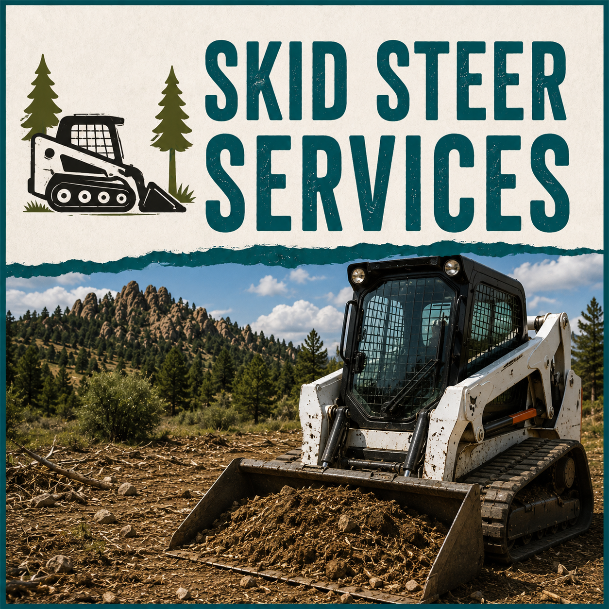 Logo for Skid Steer Services with an illustration of a tracked skid steer loader and a photograph of a skid steer loader in a dirt field with trees and mountains in the background.
