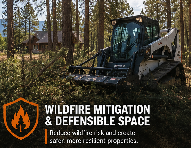Wildfire mitigation and defensible space clearing in Northern Colorado using skid steer equipment to remove brush and reduce fire risk around rural property