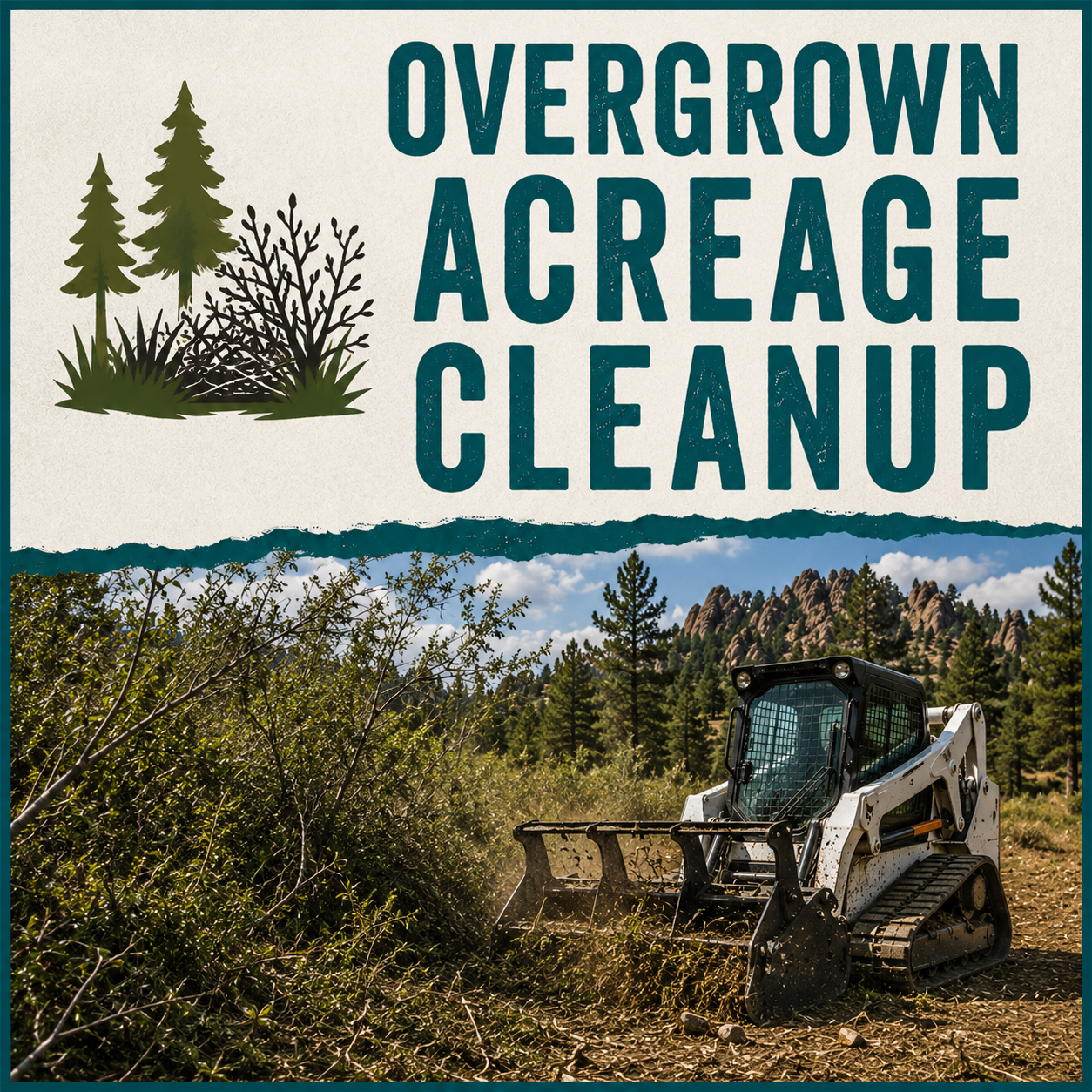 Sign promoting overgrown acreage cleanup, with illustration of trees and shrubbery, and an image of a skid-steer loader clearing overgrown land in a forested mountainous area.