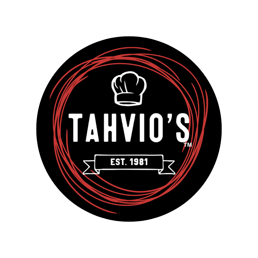 Logo for Tahvio's, a restaurant established in 1981, featuring a chef's hat and a red swirling circle on a black background.