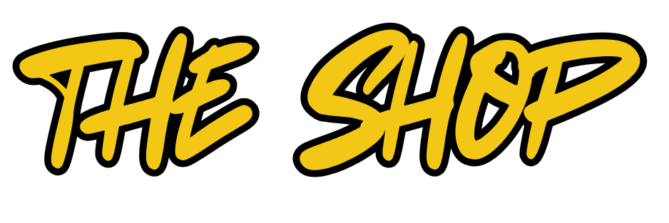 Text logo reading 'The Shop' in yellow stylized cursive font on a black background.