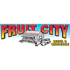 Logo for Fruit City Retail & Wholesale featuring a small illustration of a fruit stand and a truck with a blue sky background.