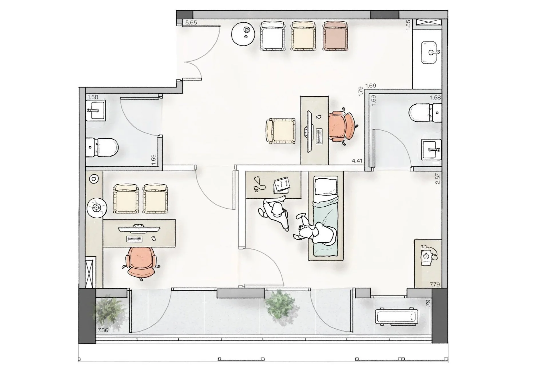Planta de um apartamento com sala de estar, quarto, banheiros, escritório, varanda com plantas e móveis de escritório.