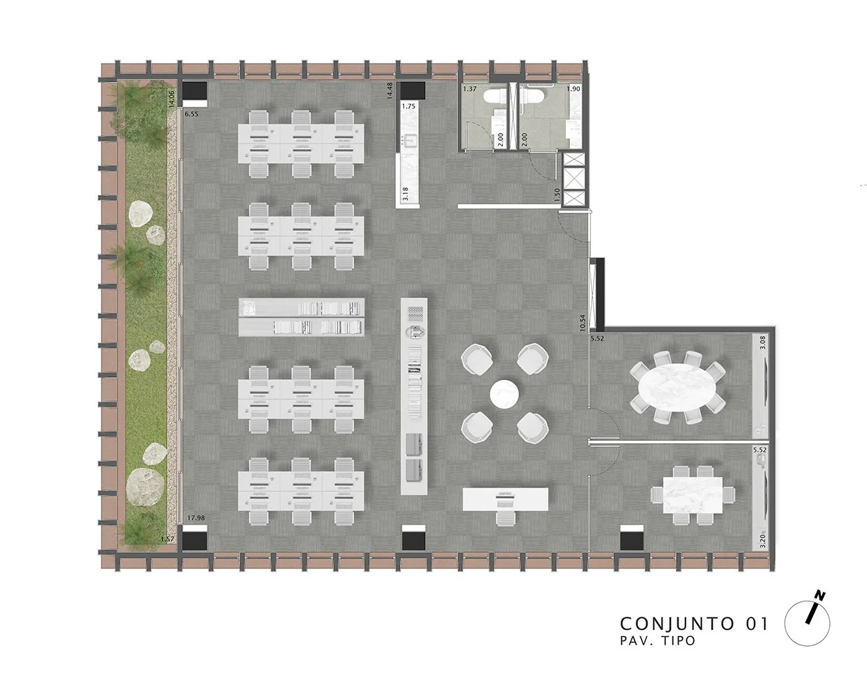 Planta de layout de um espaço de convivência com áreas para refeições, reuniões e descanso, com mesas, cadeiras, plantas e áreas de circulação.