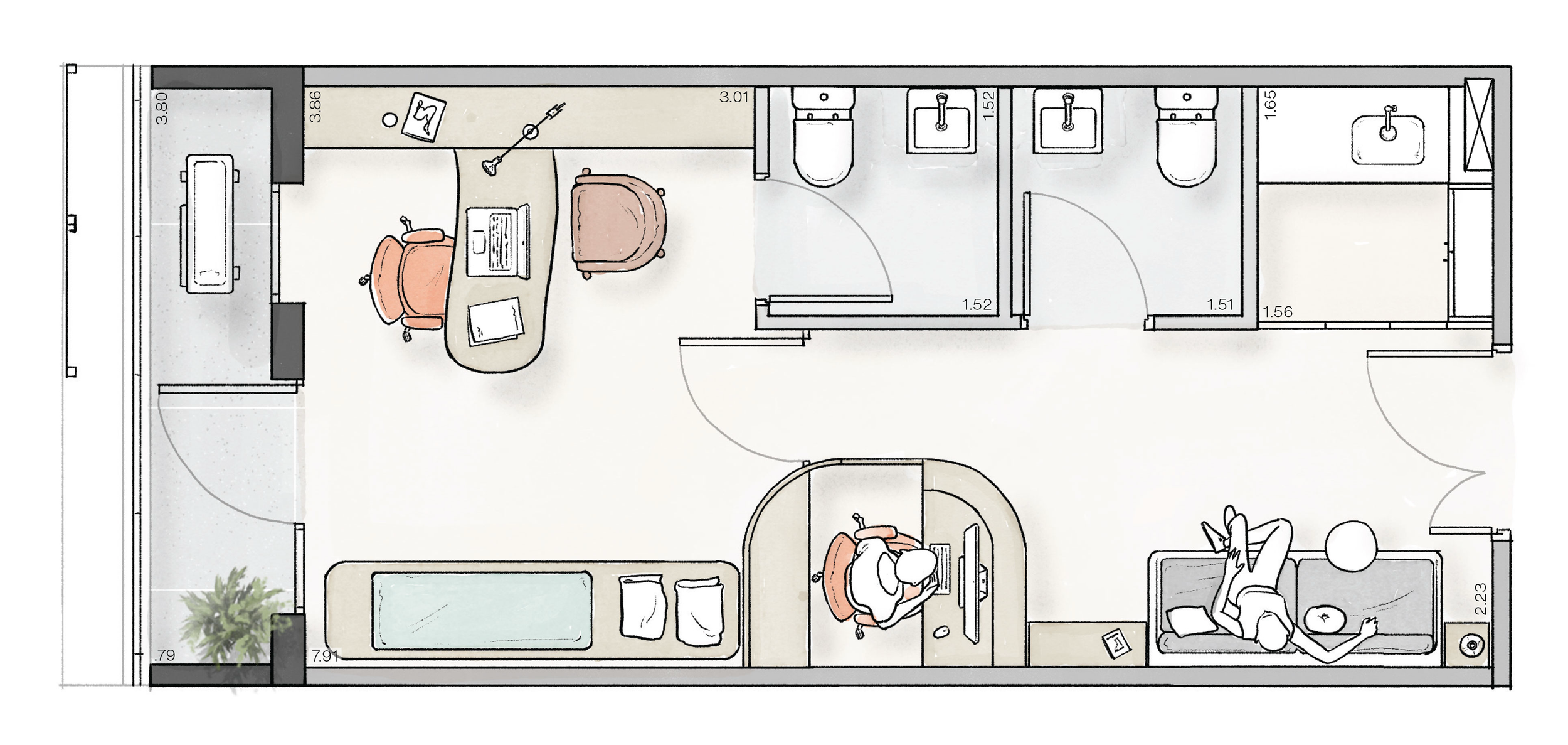 Planta do layout de um apartamento com áreas de trabalho, closet, banheiros e sala de estar.