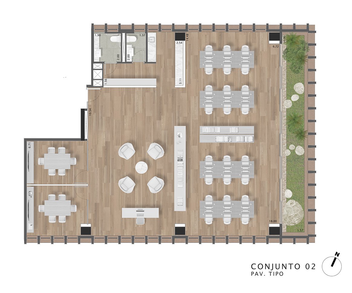 Planta de escritório com áreas de reuniões, mesas de trabalho, espaço de convivência com cadeiras, banheiro e área externa com jardim.