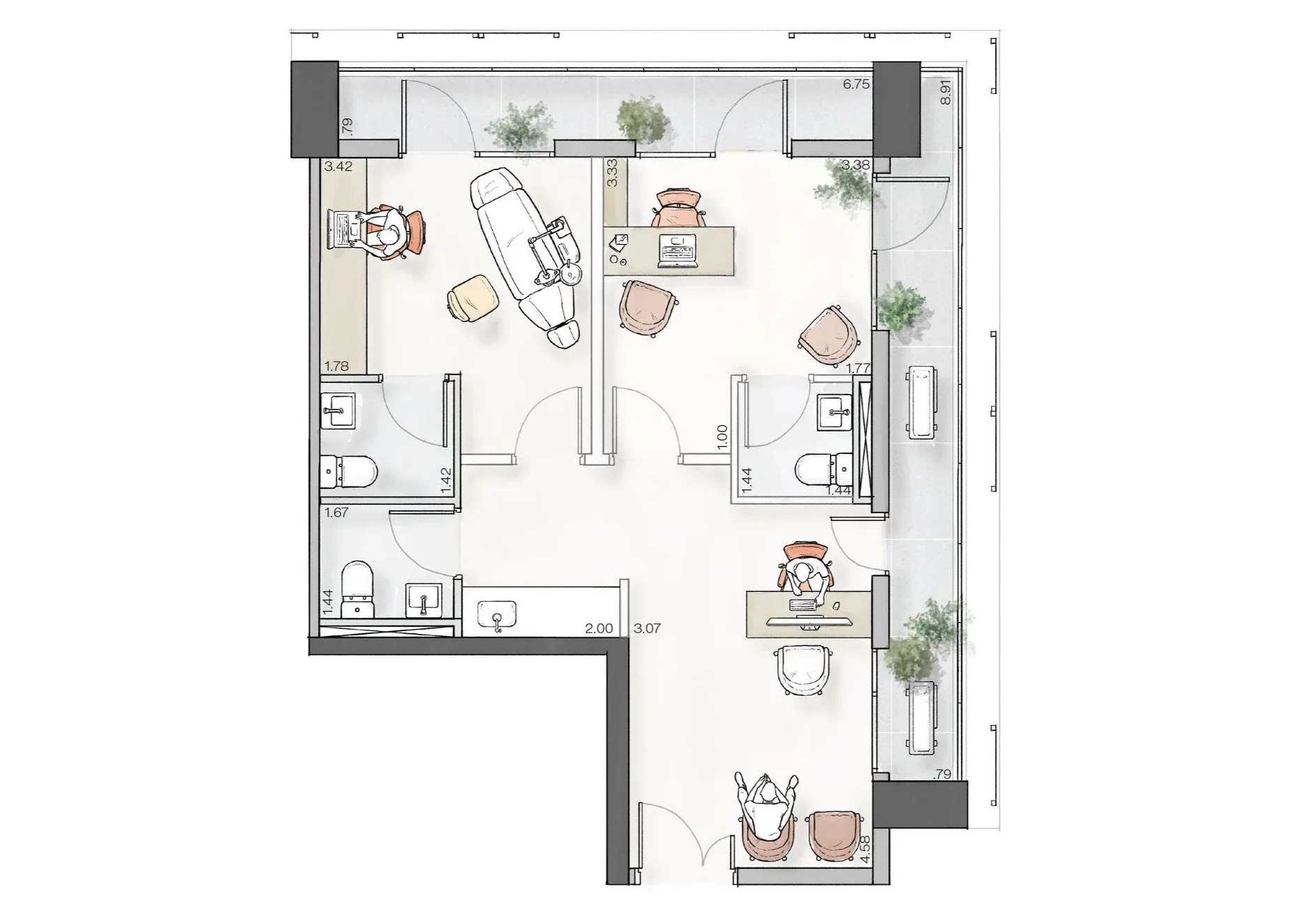 Planta baixa de um escritório com estações de trabalho, áreas de descanso, banheiros e espaço ao ar livre com plantas.