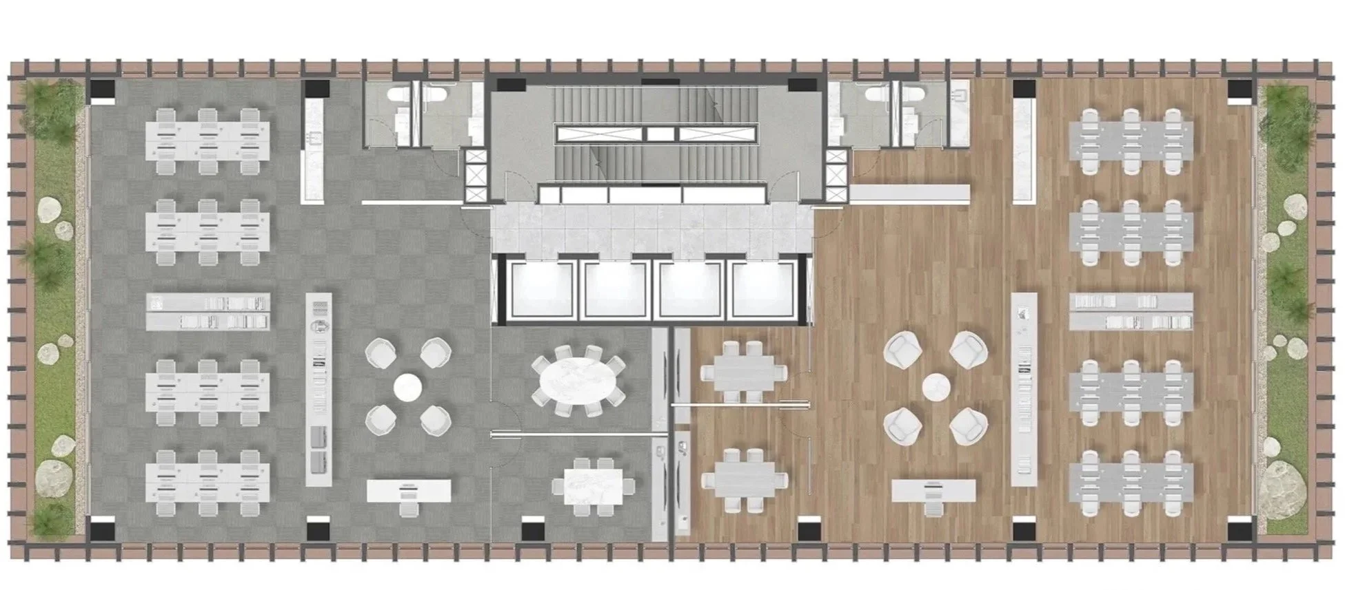 Planta de escritório com áreas de coworking, salas de reunião, lounge e áreas verdes externas.