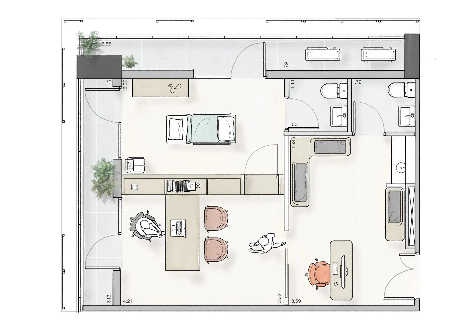 Planta baixa de um apartamento com quartos, banheiro, sala de estar, cozinha e varanda, incluindo móveis e plantas decorativas.