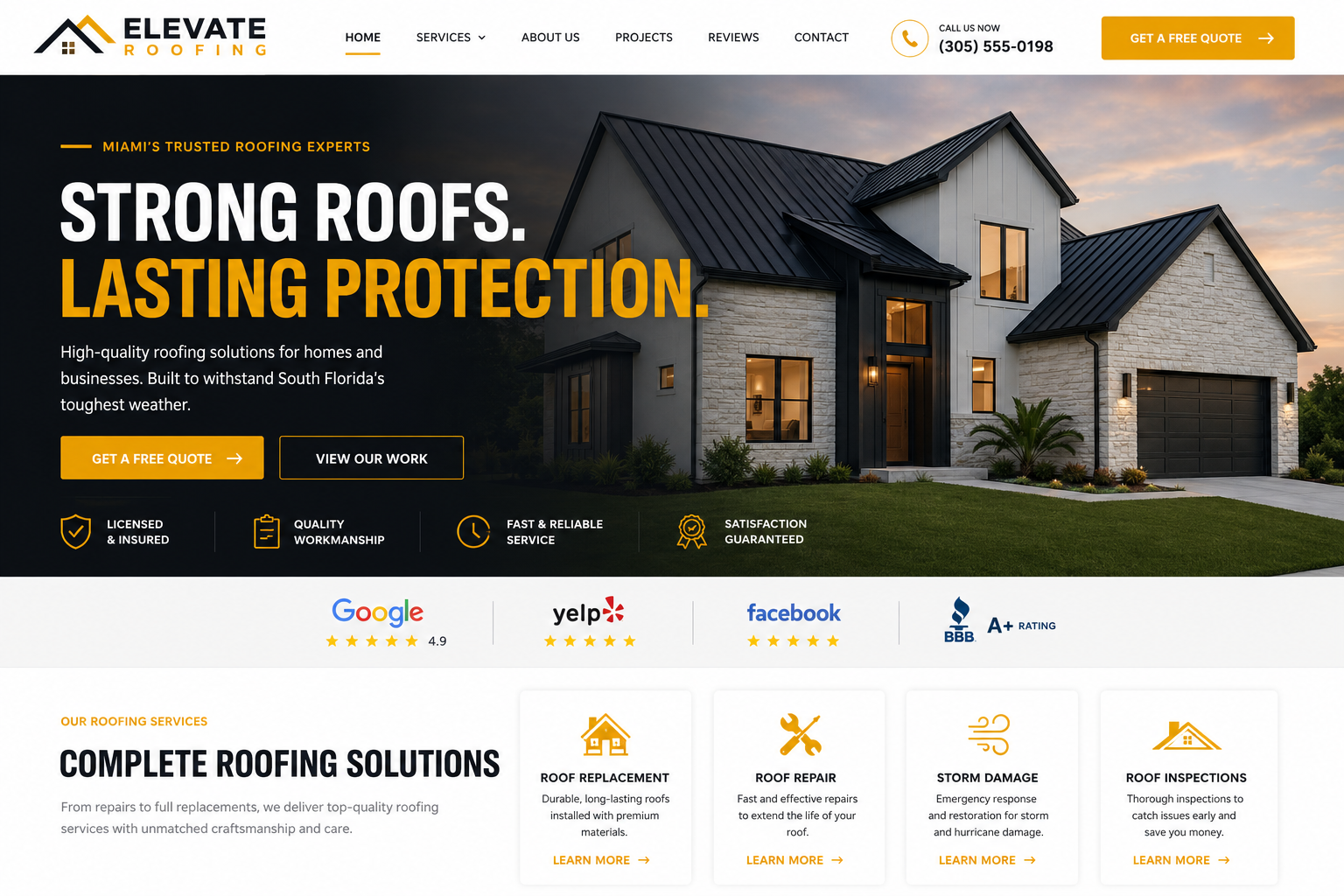 Homepage design concept for Elevate Roofing featuring roof repair, roof replacement, inspections, and online estimate requests.