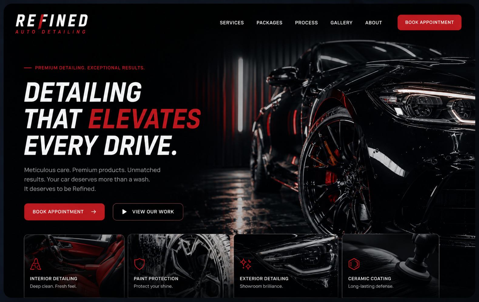 Homepage design concept for ReFINED Auto Detailing featuring ceramic coating, paint protection, premium detailing services, and online booking.