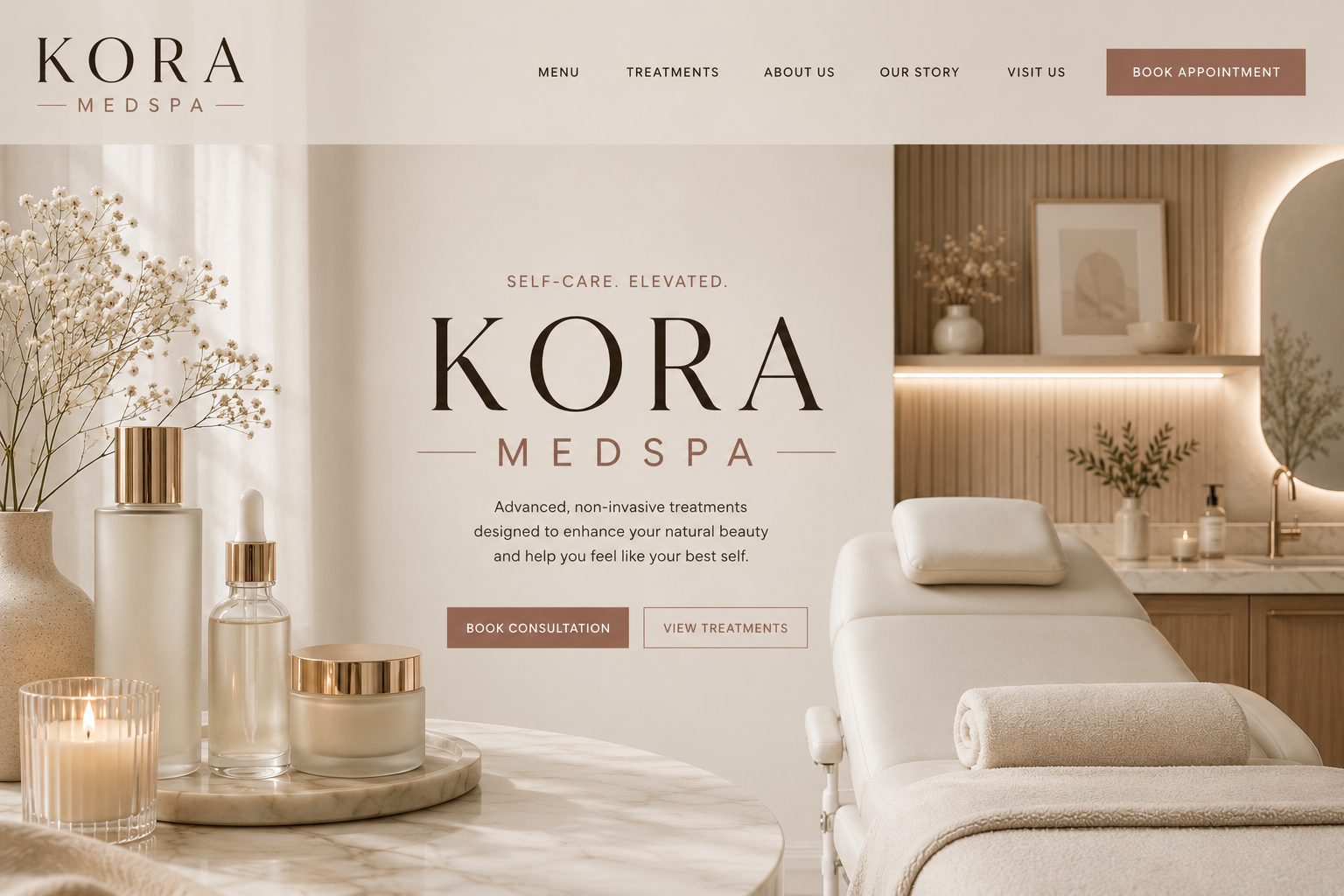 Homepage design concept for Kora Medspa featuring luxury branding, skincare services, elegant product displays, and online appointment booking.
