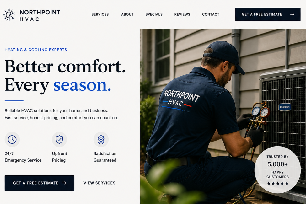 Homepage design concept for Northpoint HVAC featuring residential and commercial HVAC services, clear navigation, and service request options.
