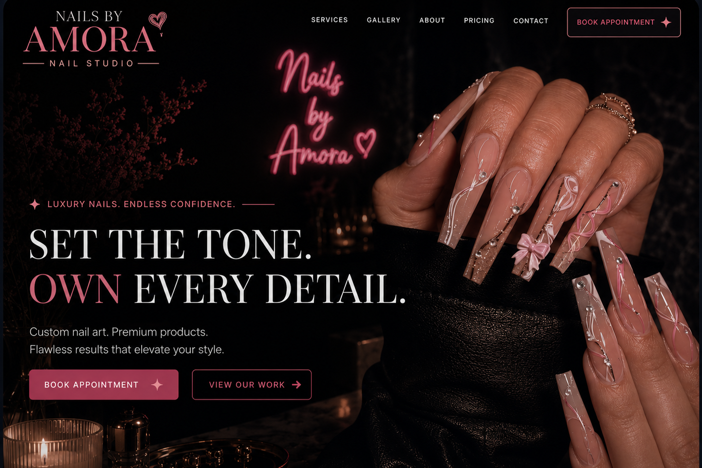 Homepage design concept for Nails by Amora featuring a luxury nail salon website, online booking, elegant branding, and neon text reading "Nails by Amora.