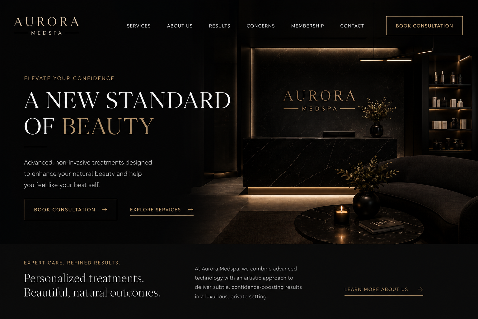 Homepage design concept for Aurora Medspa featuring luxury branding, aesthetic treatments, skincare services, and consultation booking.