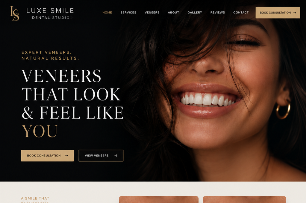 Homepage design concept for a cosmetic dental clinic featuring veneer services and a modern website layout.