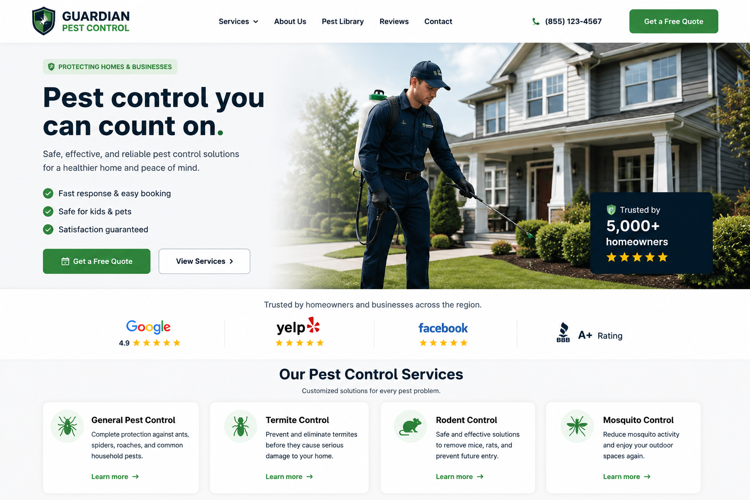 Homepage design concept for a pest control company featuring residential and commercial pest control services, service information, and online estimate requests.