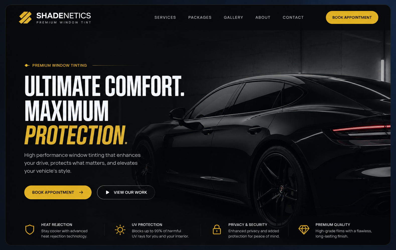Homepage design concept for Shadenetics Premium Window Tint featuring automotive window tinting, heat reduction, privacy, and premium branding.