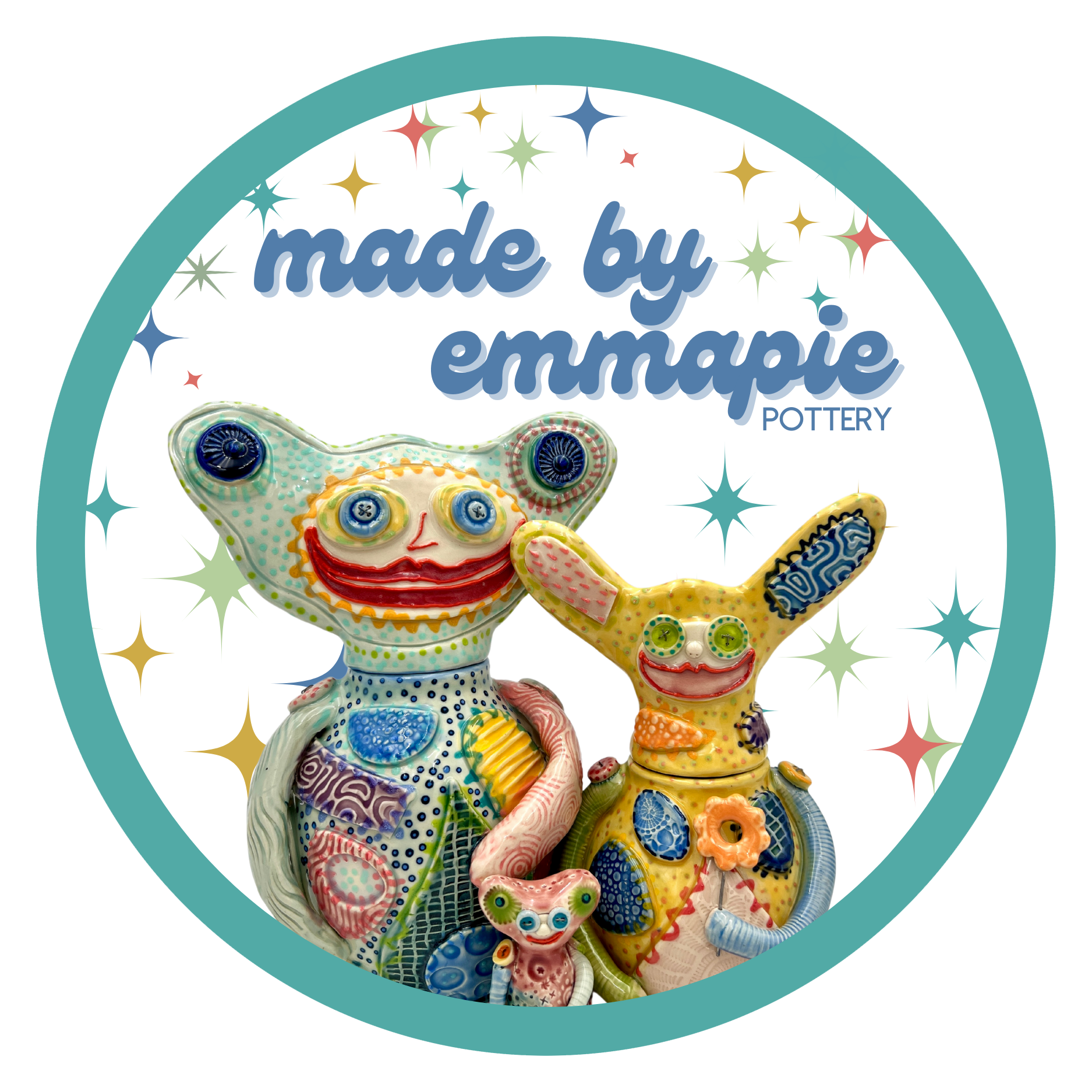 Colorful, whimsical ceramic figures called Gimmies with exaggerated facial features and various patterns in a round frame
