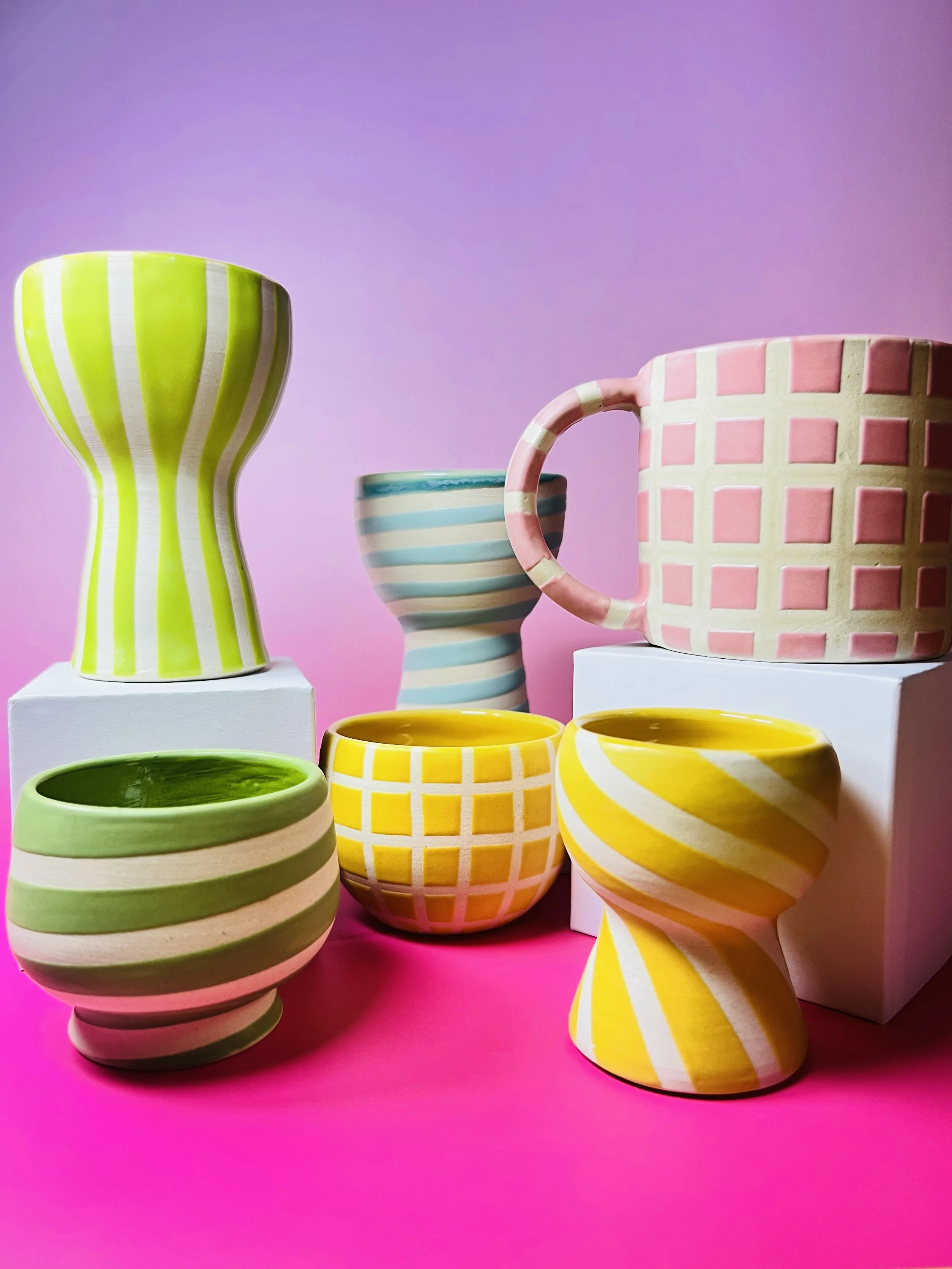 ceramic drinking vessels in bright colors