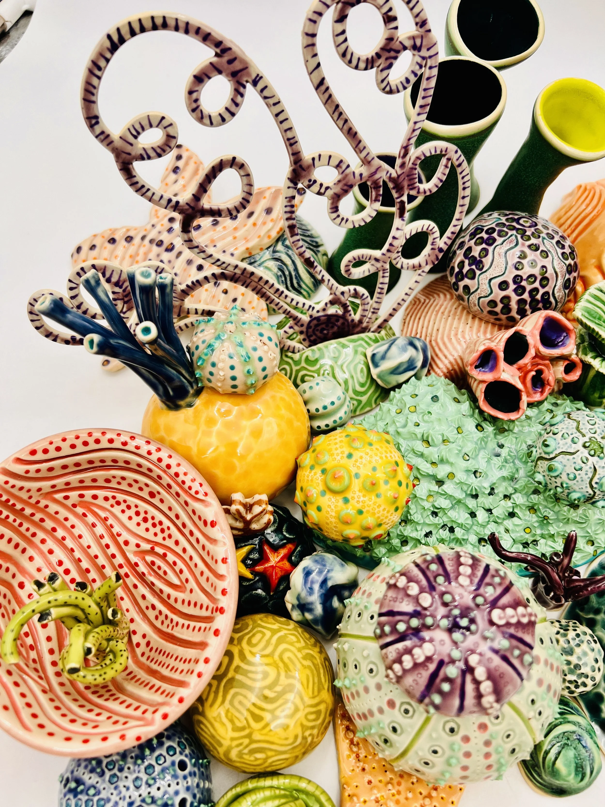 Colorful, textured clay sculptures resembling coral reefs arranged on a gradient background. Each piece has vibrant, intricate details, evoking a sense of ocean life.