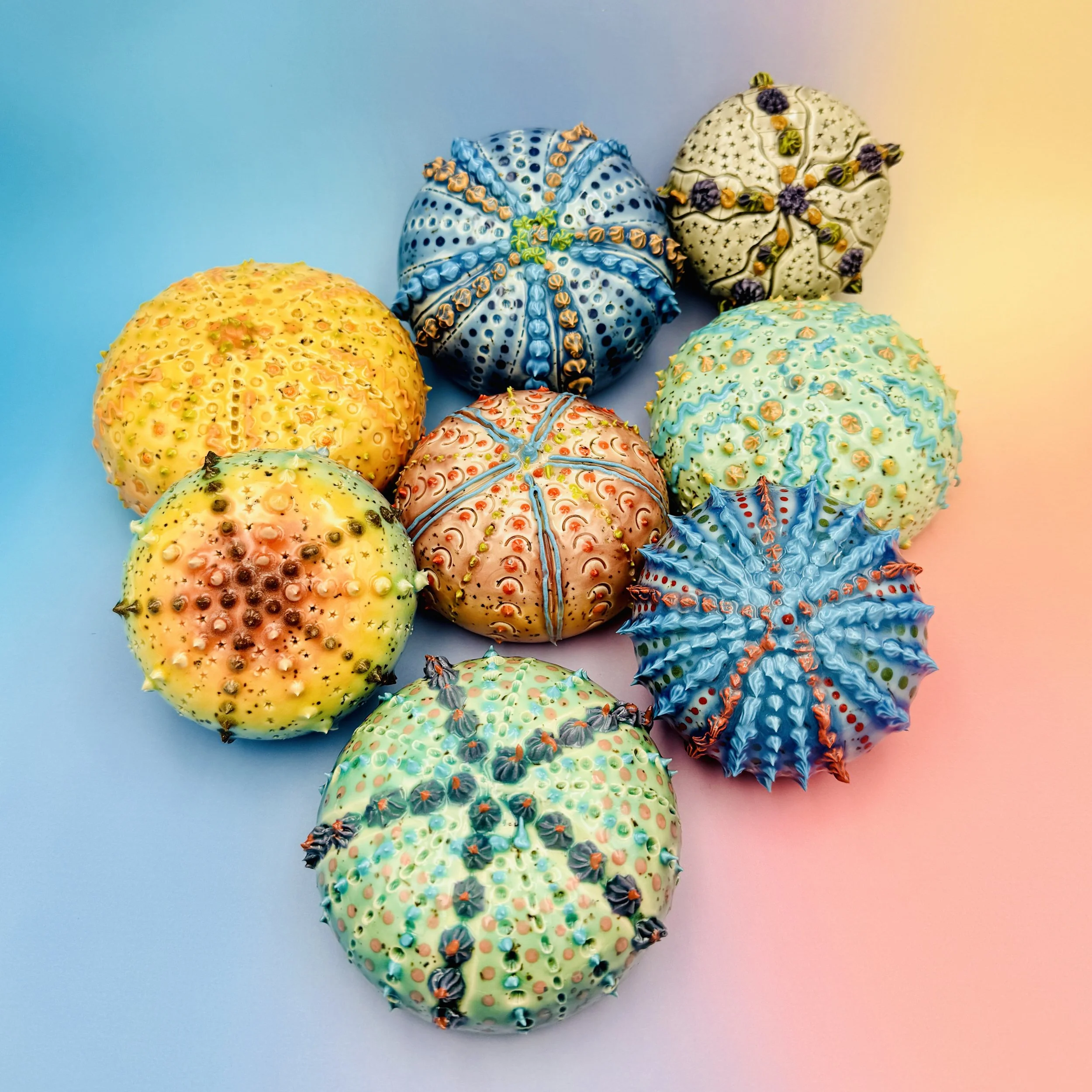 A group of colorful, intricately decorated sea urchin shells arranged on a gradient blue, yellow, and pink background.