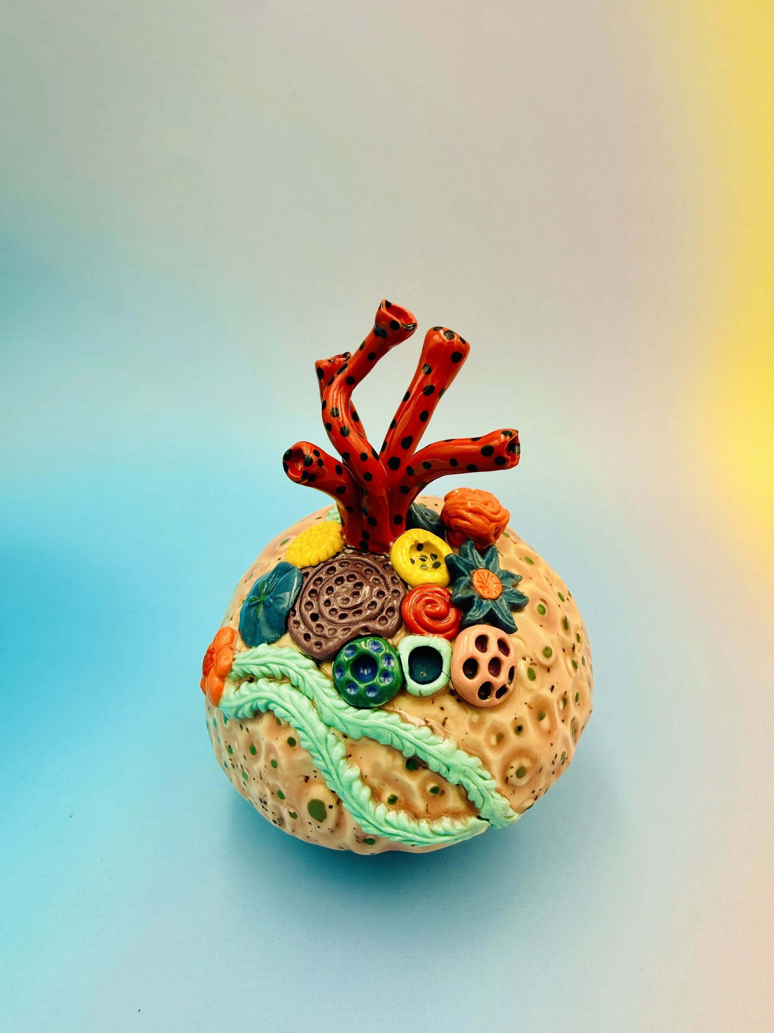 Colorful, textured clay sculptures resembling coral reefs arranged on a gradient background. Each piece has vibrant, intricate details, evoking a sense of ocean life.