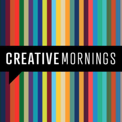 "CreativeMornings logo on black speech bubble, set against vibrant vertical stripes in various colors, conveying energy and creativity."