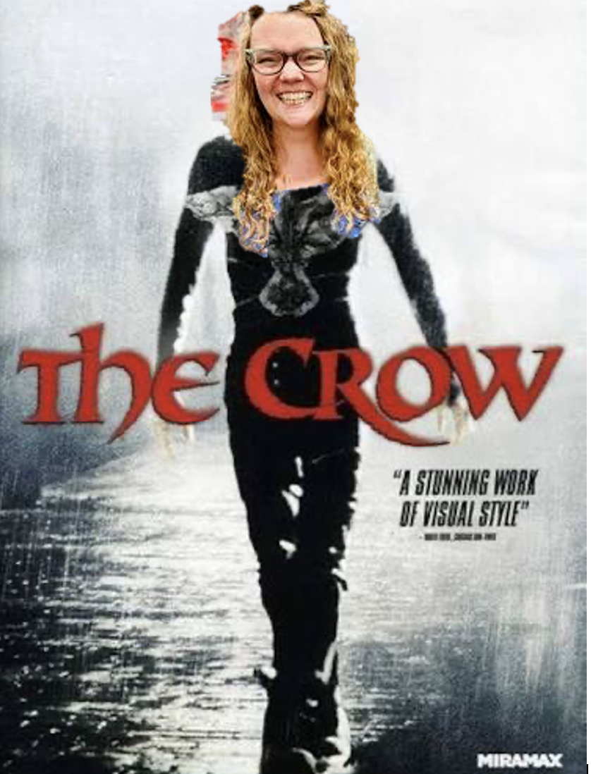 A smiling woman’s face is placed on the black-clad figure in a dramatic The Crow movie poster, above red title lettering and a rain-soaked city backdrop.