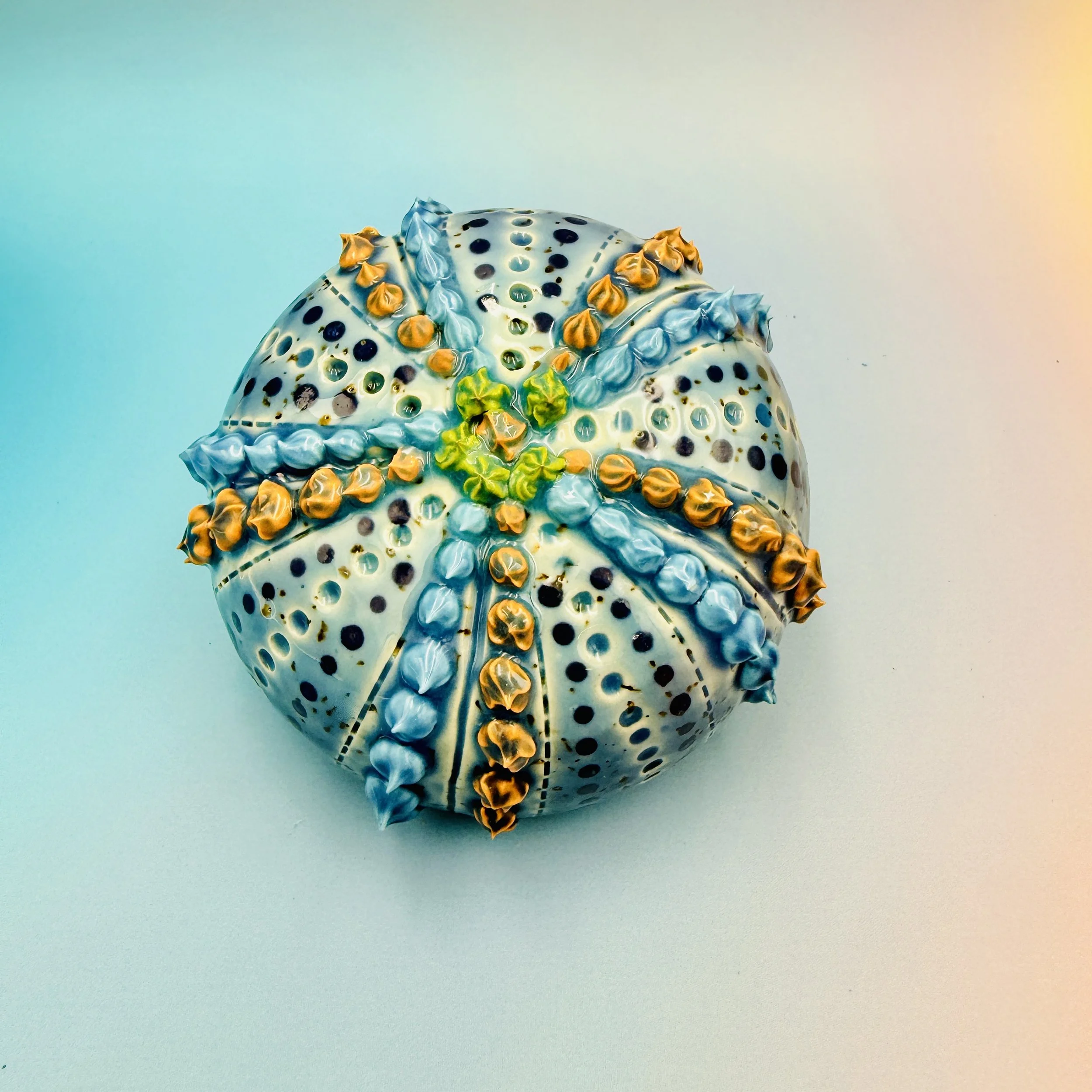 An intricately decorated ceramic sea urchin