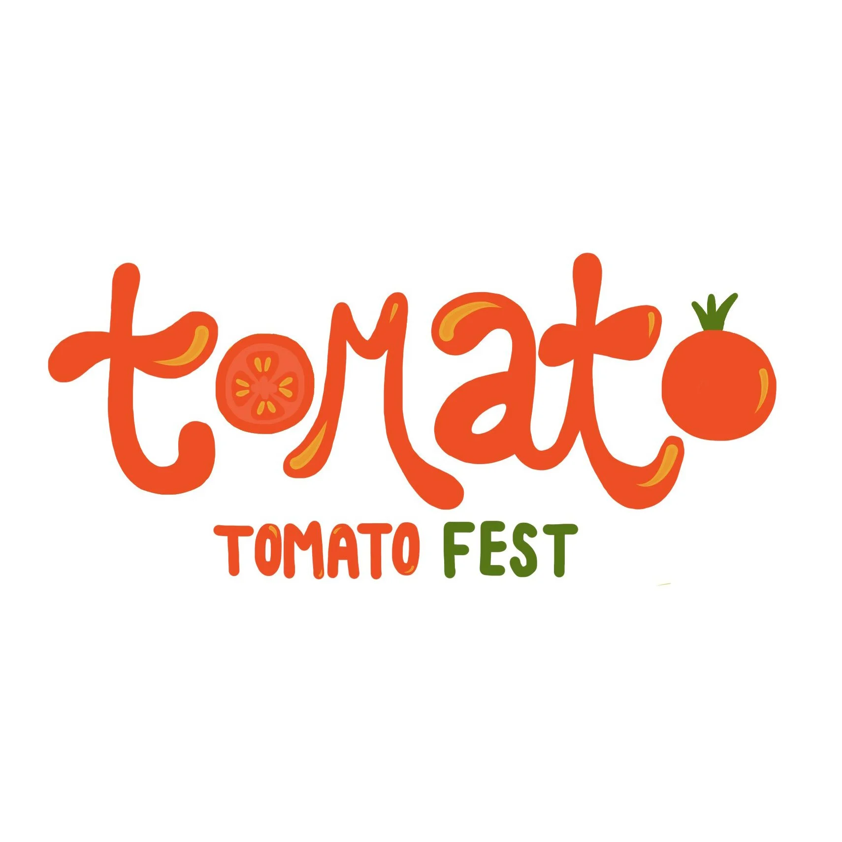 Colorful poster for Tomato Fest featuring stylized orange text that spells 'tomato' with a tomato slice in place of the letter 'o' and a whole tomato with green leaves as the period.