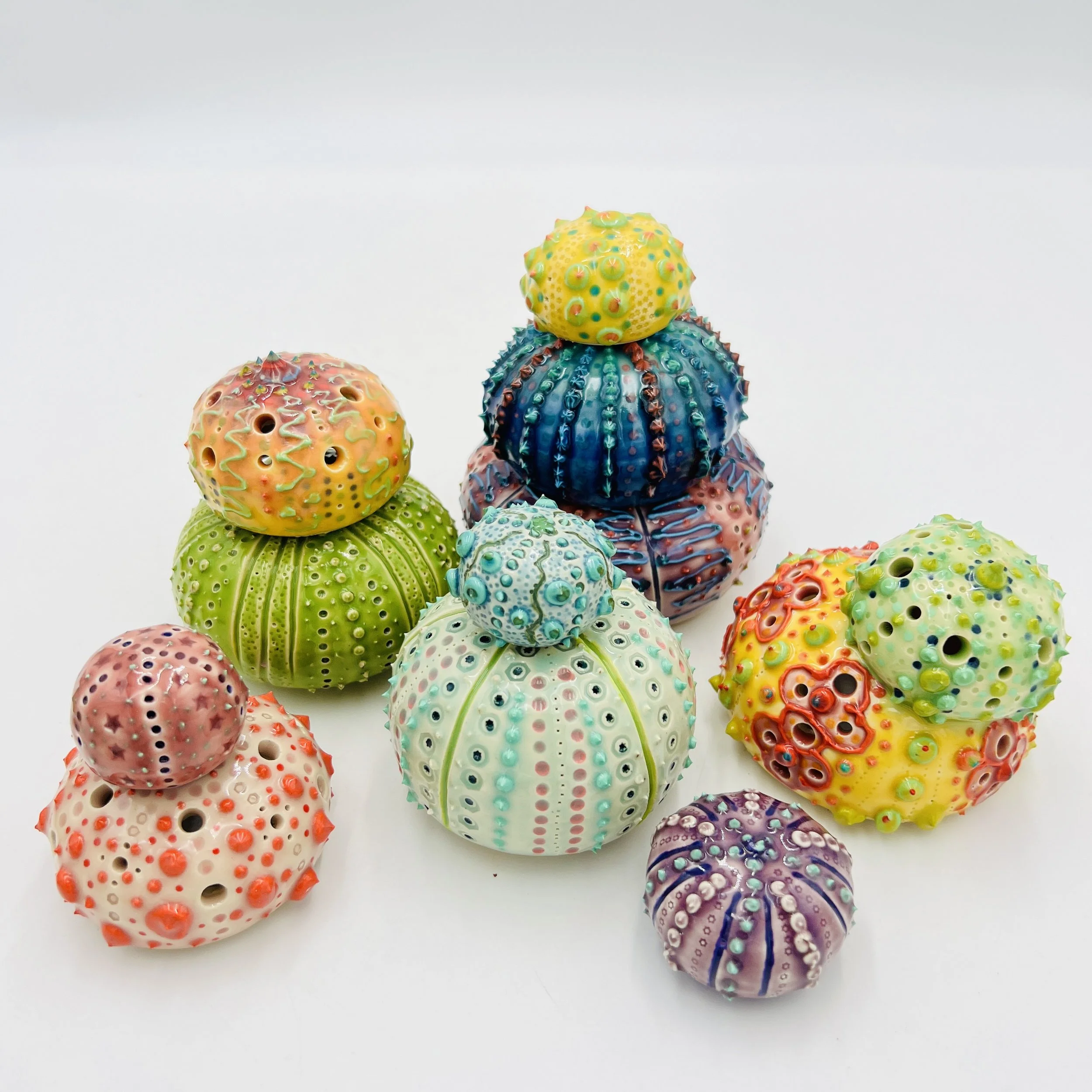 A group of colorful, intricately decorated sea urchin shells arranged on a white background.