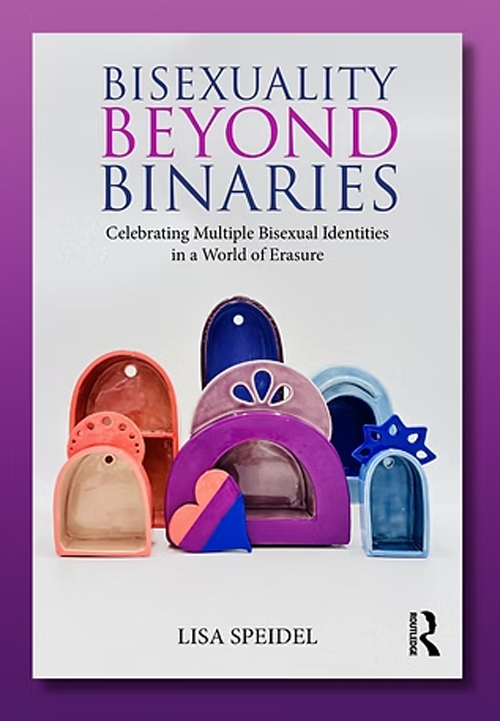Book cover titled 'Bisexuality Beyond Binaries' with colorful pastel pinatas in various shapes, author Lisa Speidel, purple background.