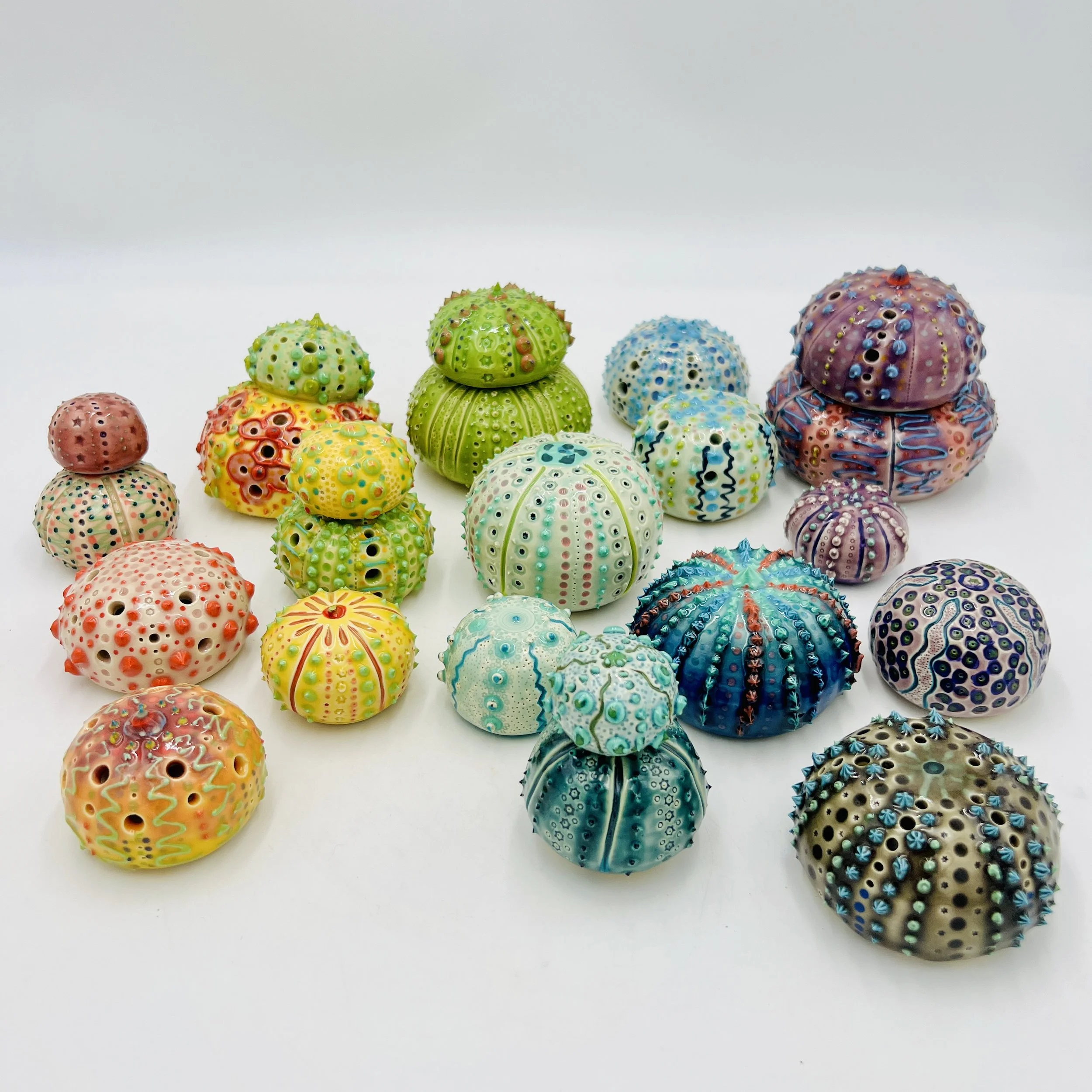 A group of colorful, intricately decorated sea urchin shells arranged on a gradient blue, yellow, and pink background.