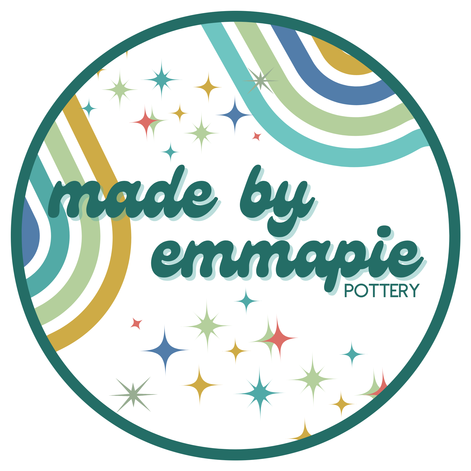 Round logo with the text "made by emmapie pottery" in teal, surrounded by colorful stars and retro stripes in blue, green, and mustard. Playful and creative tone.