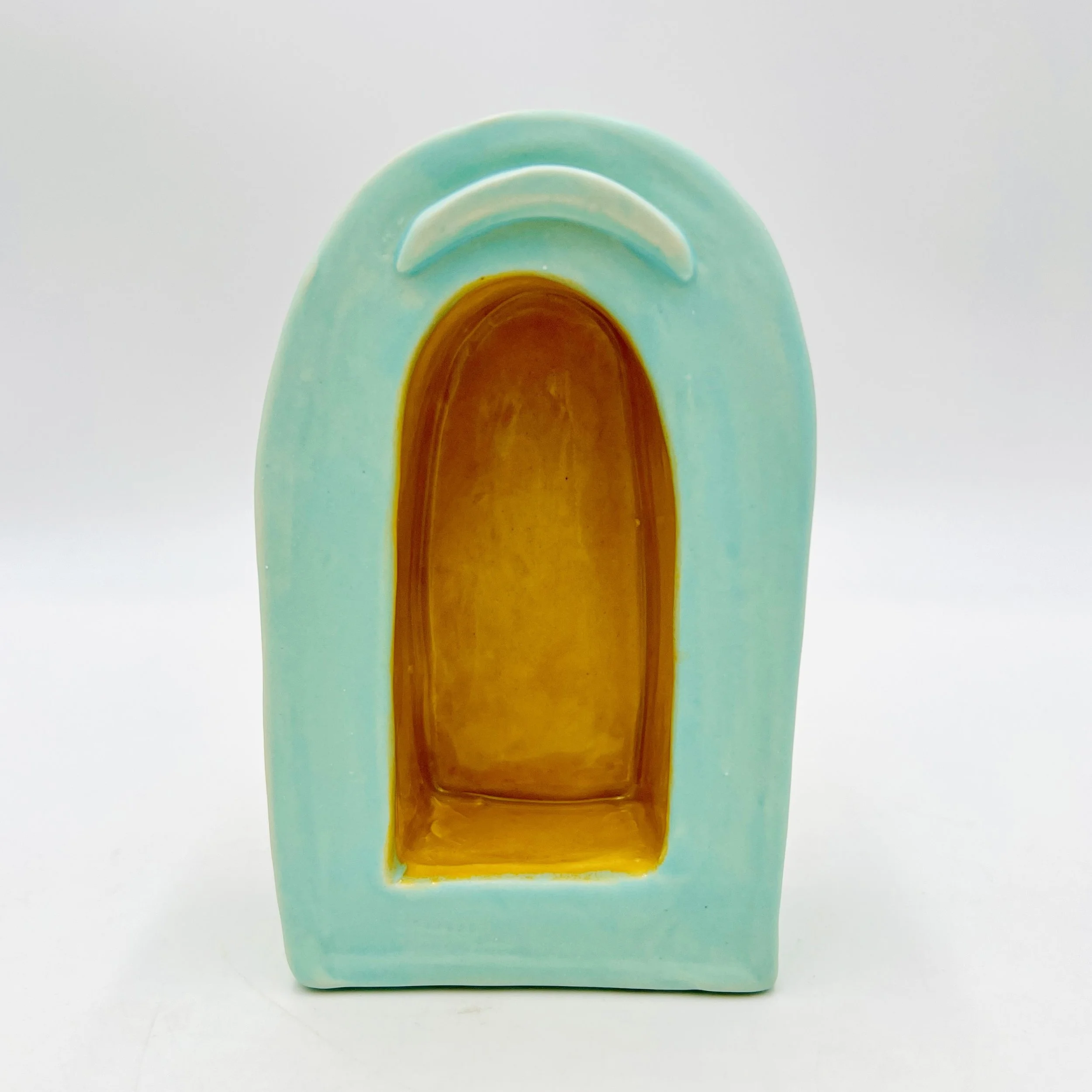  small ceramic altar: teal outside yellow inside