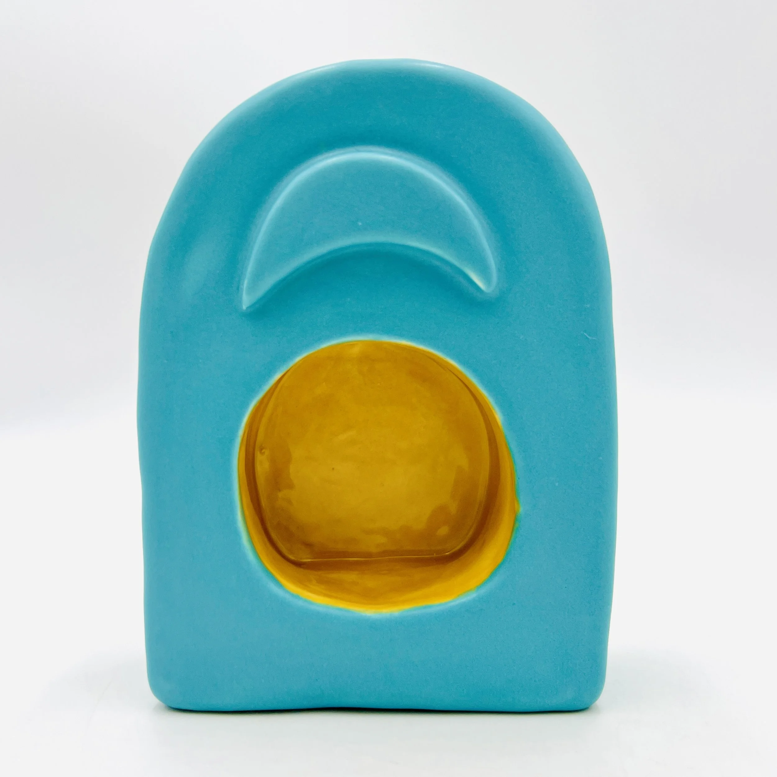 small ceramic shrine, turquoise outside yellow inside