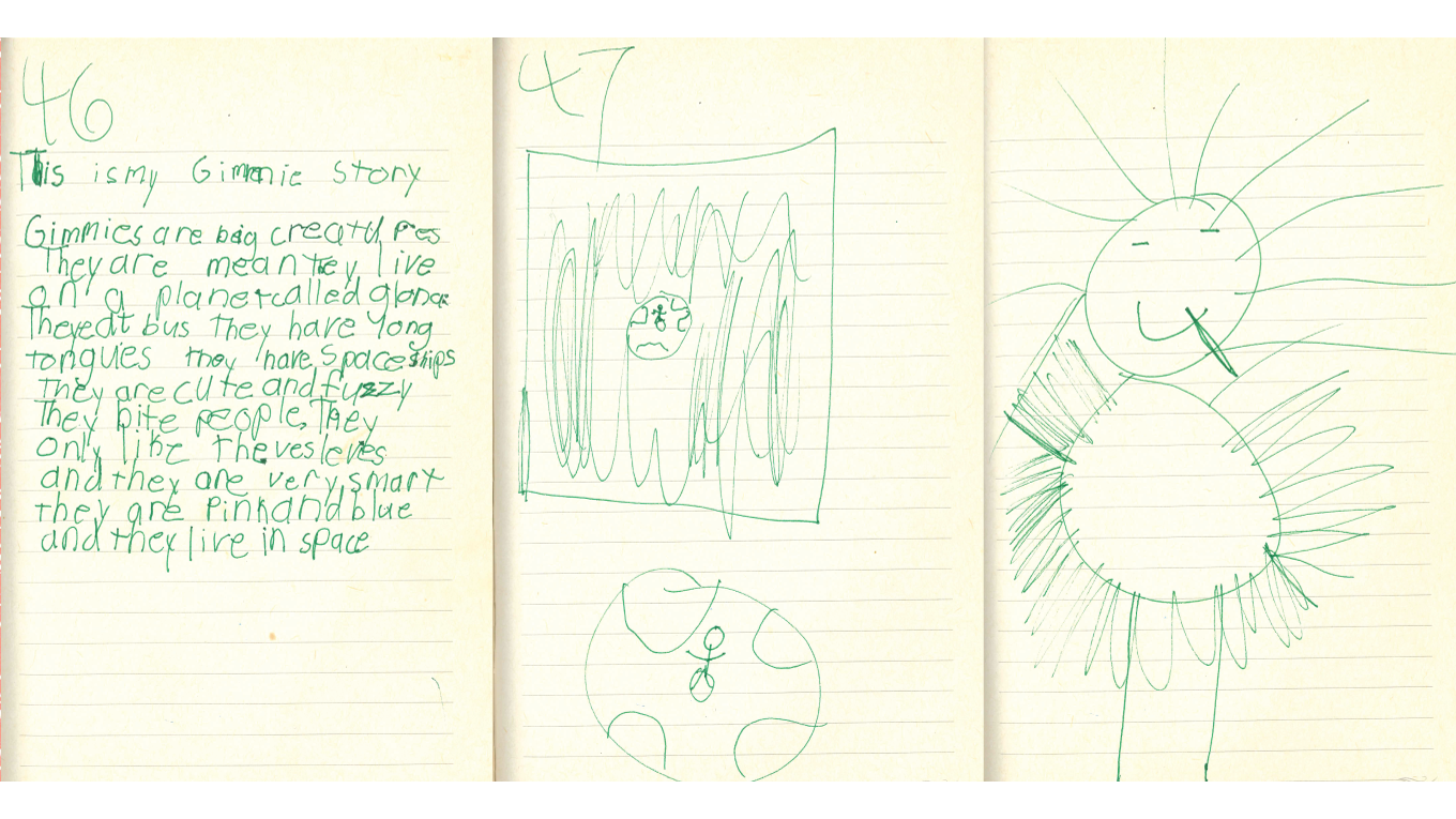 A children's drawing with three separate scenes. The first scene contains handwritten text about extraterrestrial beings called gimmees, describing them as cute, fuzzy, smart, and living in space. The second scene is a sketch of a face with long hair inside a rectangle, possibly representing a person or alien. The third scene is a large smiling sun with spiky rays, a small figure with limbs, and a circular object, possibly a planet or moon.