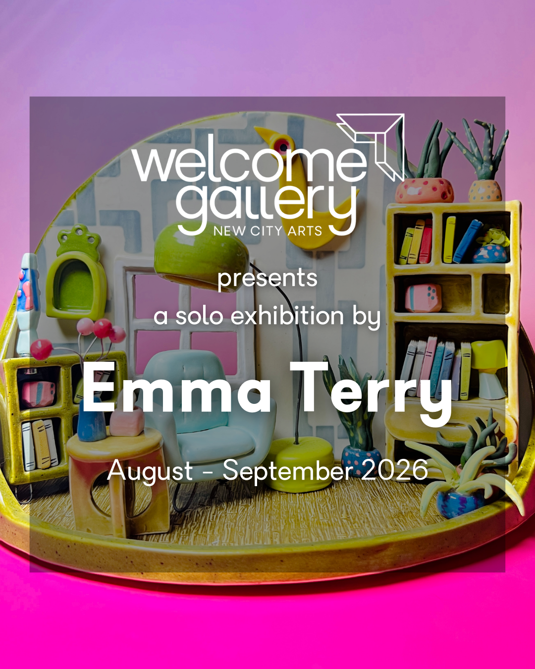 Colorful interior scene with miniature furniture and decor, including books, plants, and a chair, for an art exhibition invitation.