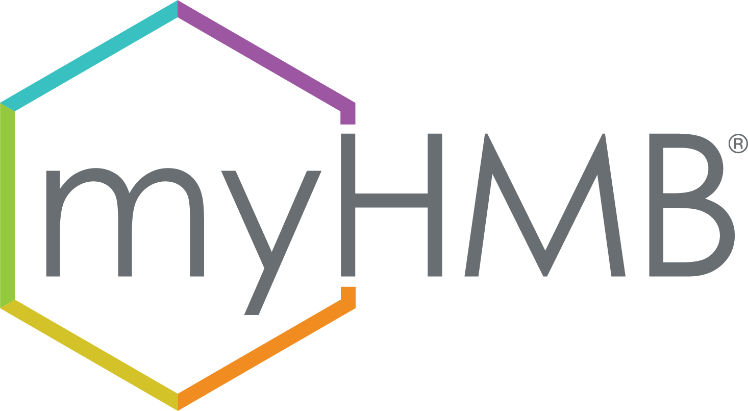 Logo for myHMB with a colorful hexagon outline and gray text.