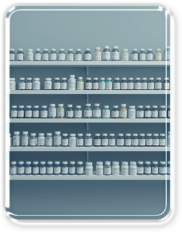 Shelf filled with numerous prescription pill bottles in a pharmacy.